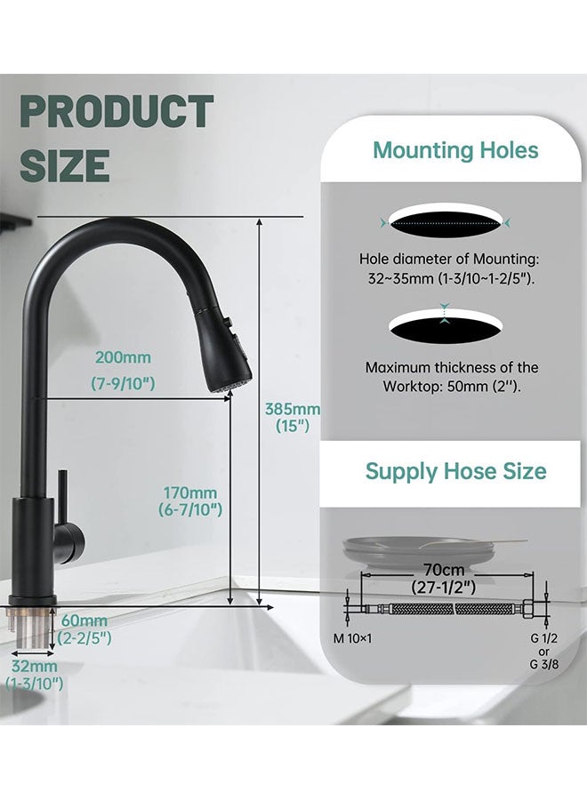 صنبور رشاش المطبخ، صنبور المطبخ ذو مقبض واحد بمقبض واحد مع وضعين للمياه ودوران 360 درجة للمياه الساخنة والباردة، من الفولاذ المقاوم للصدأ، صنبور من الفولاذ المقاوم للصدأ ذو قوس عالٍ، بخاخ سيليكون سهل التنظيف (أسود غير لامع)
